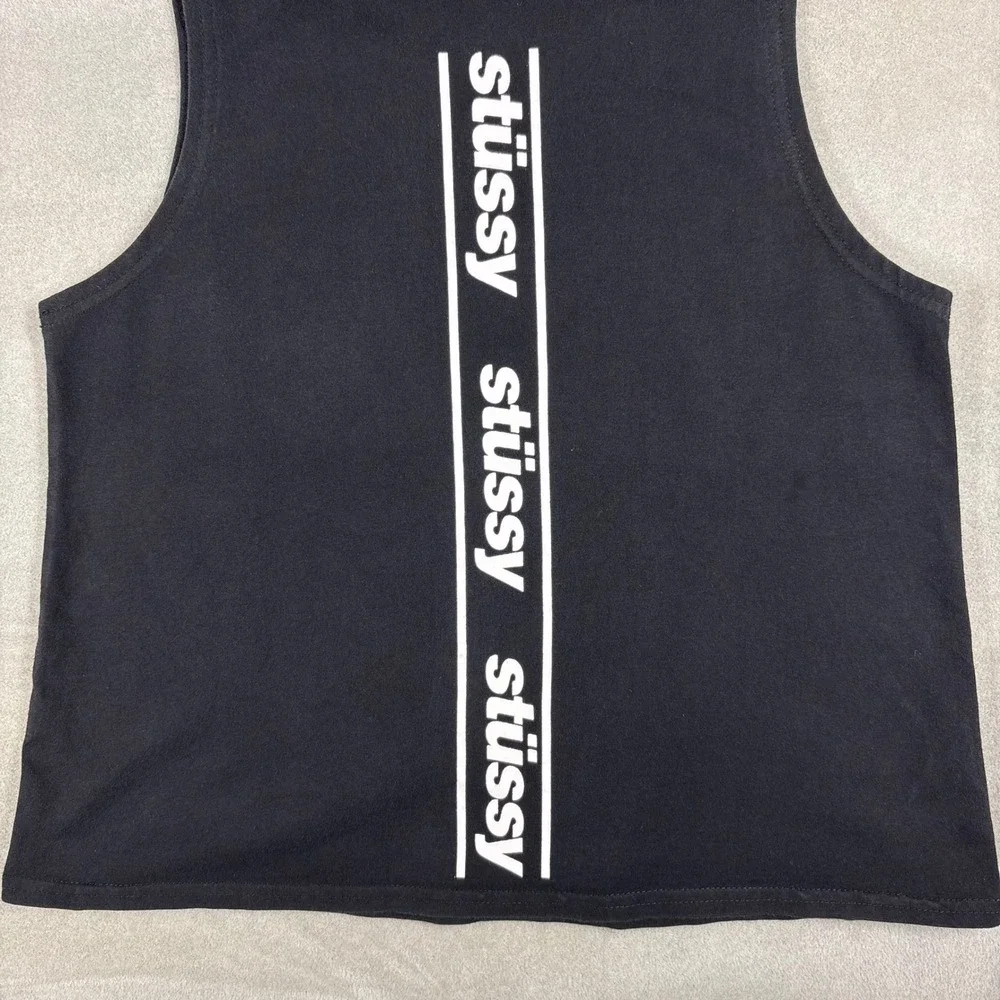 Vintage Stussy Women Black Mock Neck Sleeveless Logo Graphic Tank Top Small - Picture 2 of 5